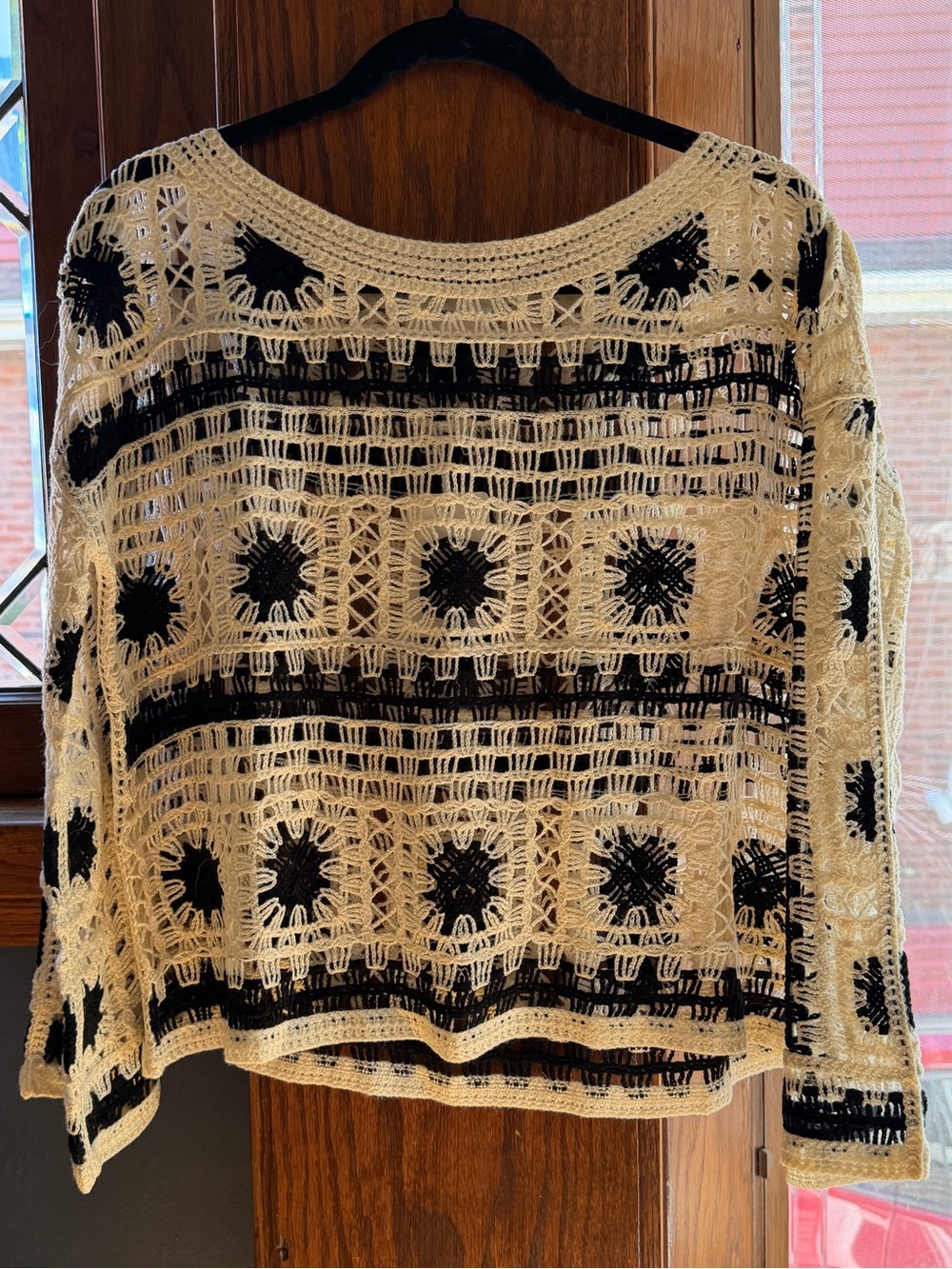 Heyson Crochet Open Knit Boho Sweater Cream Black Size L NWT